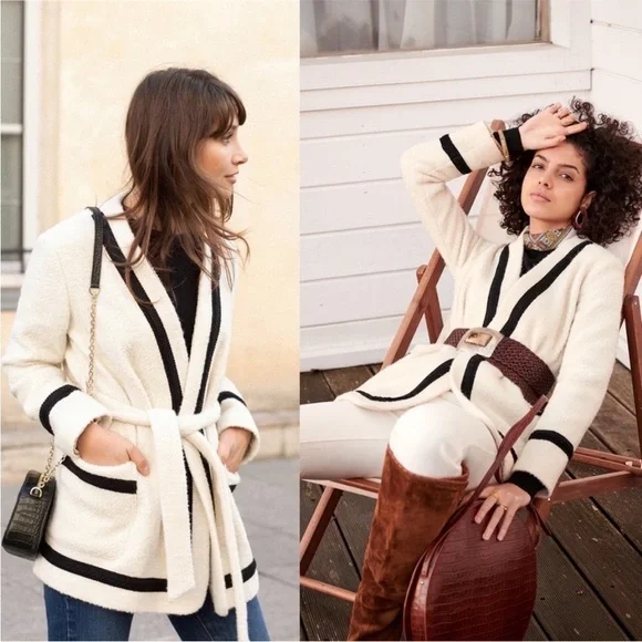 SEZANE Mike wrap Coat black cream cardigan sweater jacket in Ecru size 34 XS